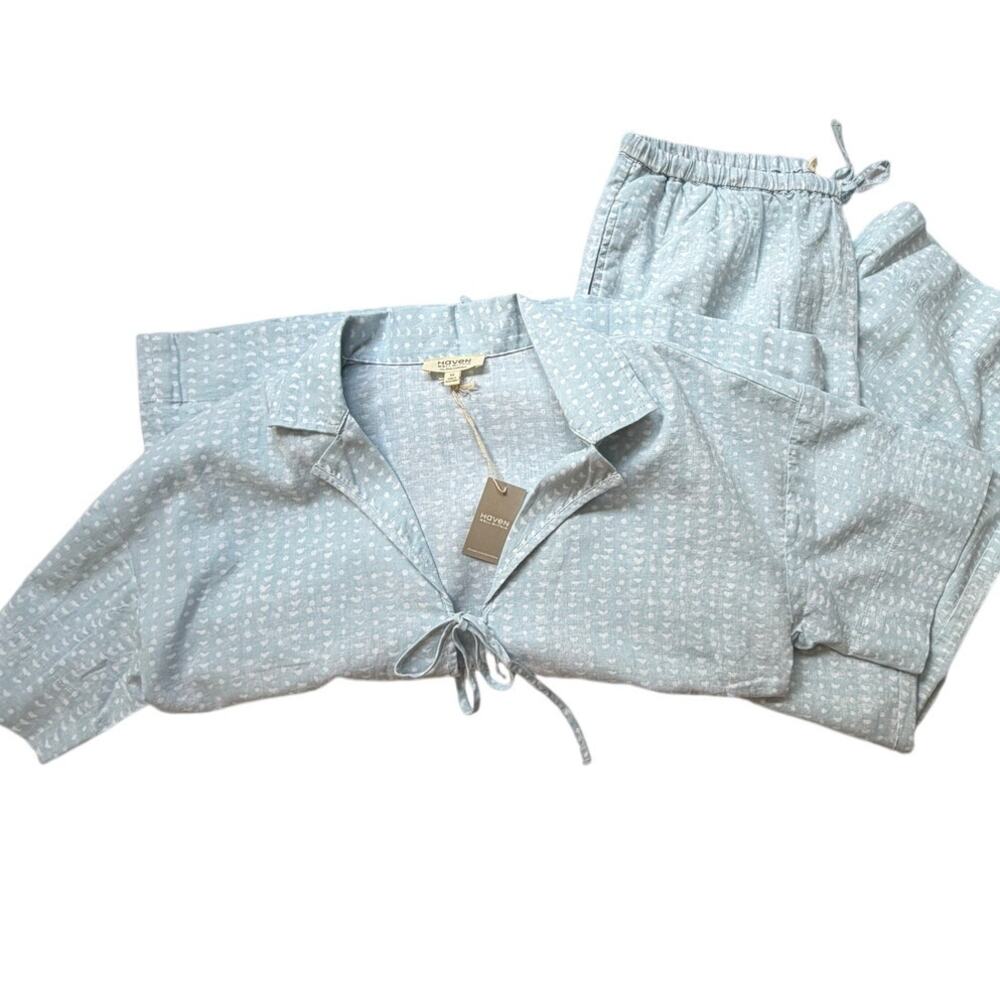 NWT Haven Well Within Cotton Linen Faded Dot Pajama Set Medium Saltwater Blue